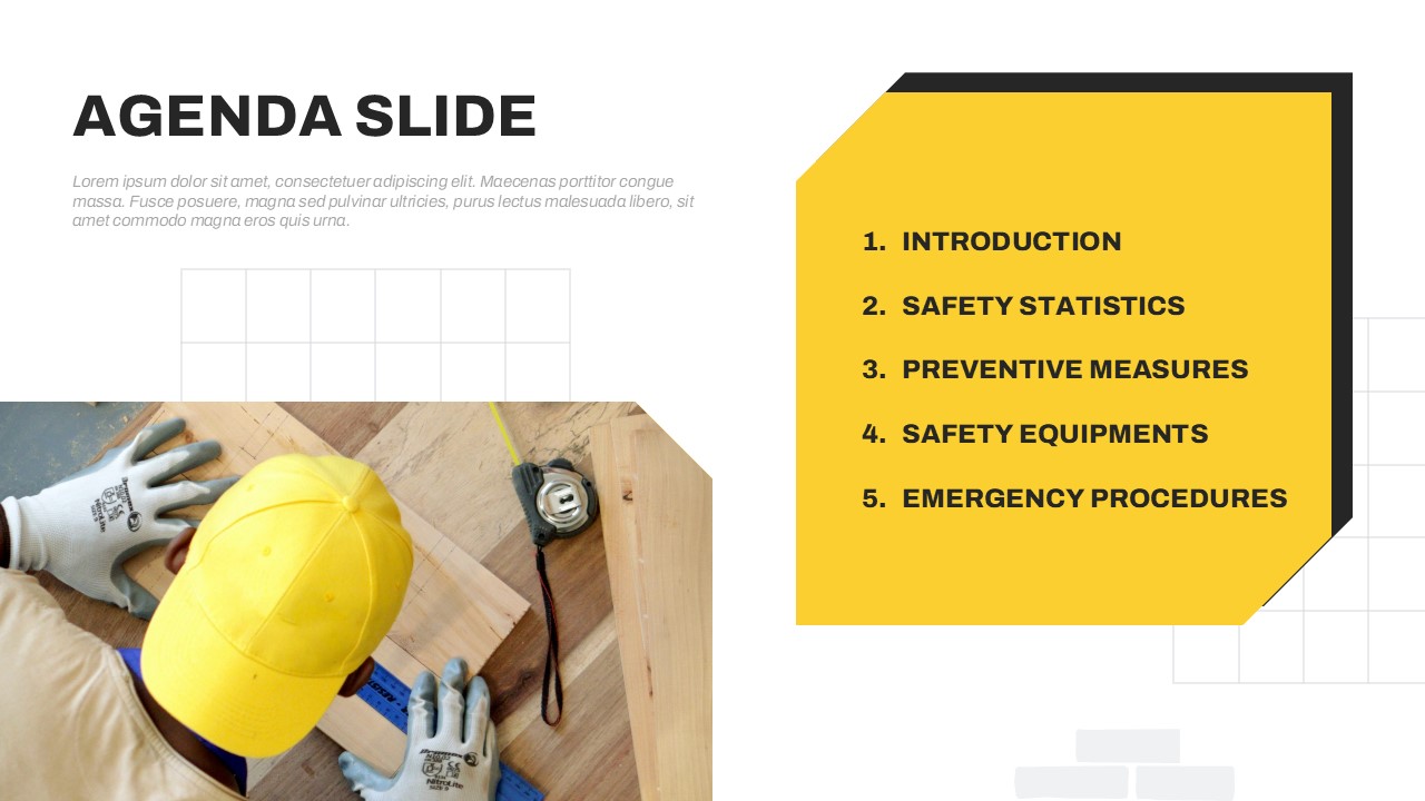 Agenda slide of Workplace Safety Meeting presentation template featuring introduction, safety statistics, preventive measures, safety equipment, and emergency procedures.