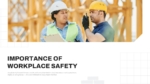 Importance of Workplace Safety slide from Workplace Safety Meeting presentation template featuring construction workers discussing safety and workplace awareness.