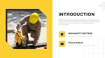 Introduction slide of Workplace Safety Meeting presentation template featuring workplace safety overview, focus areas, and construction worker imagery.
