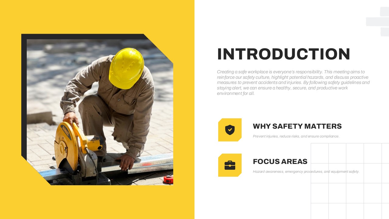 Introduction slide of Workplace Safety Meeting presentation template featuring workplace safety overview, focus areas, and construction worker imagery.