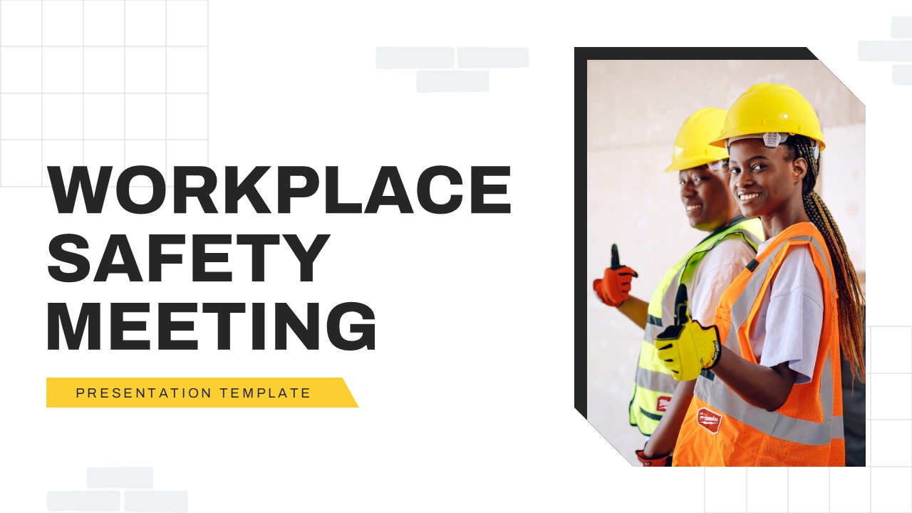Cover slide of Workplace Safety Meeting presentation template featuring construction workers in safety helmets and high-visibility gear for PowerPoint and Google Slides.