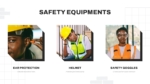 Safety equipment slide from Workplace Safety Meeting presentation template featuring ear protection, safety helmet, and safety goggles for workplace safety training.