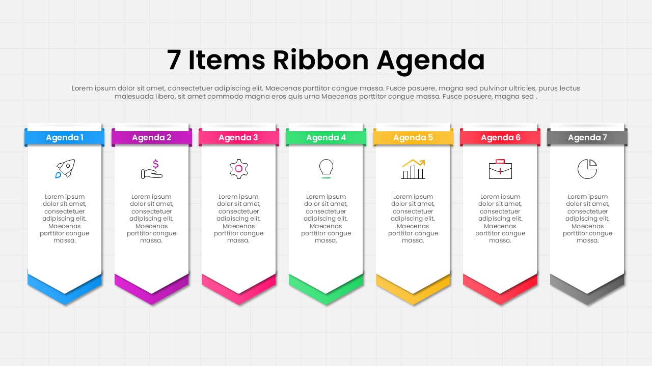 7 Items Ribbon Agenda presentation slide featuring seven colorful ribbon banners with icons and text placeholders for meeting agendas, project plans, business presentations, and workflow overviews.