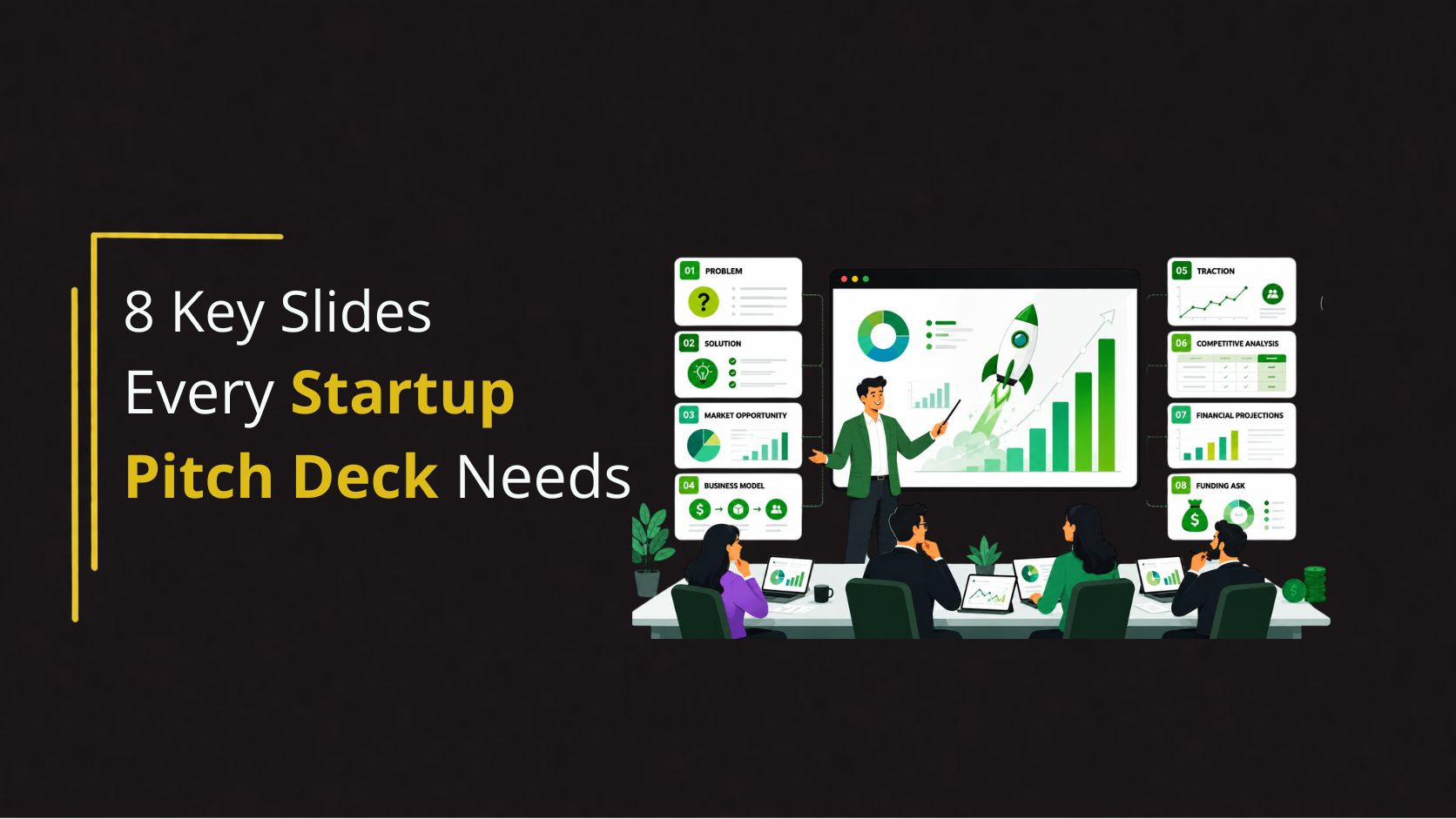 Featured blog image for startup pitch decks showing a business founder presenting growth metrics, investor strategy slides, market opportunity analysis, financial projections, traction data, and funding plans in a professional startup meeting.