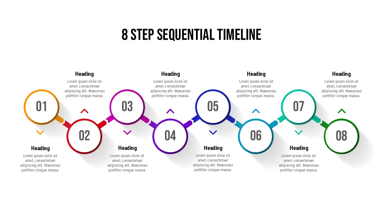 8 Step Sequential Timeline infographic slide featuring eight connected circular milestones arranged in a horizontal timeline, designed to visualize processes, project stages, workflows, roadmaps, and strategic planning presentations for PowerPoint and Google Slides.