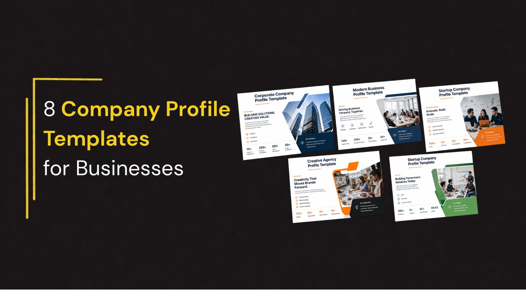 Featured image showcasing five modern company profile presentation templates for businesses, including corporate, startup, modern business, and creative agency profile designs.