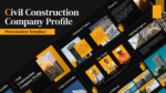 Civil Construction Company Profile Presentation Template featuring a modern black and gold design with slides for company overview, mission and vision, project portfolio, ongoing projects, team profiles, services offered, and construction business presentations.