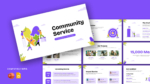 Community Service Presentation Template preview featuring a modern purple-themed slide deck for nonprofits and volunteer organizations. Includes slides for mission and vision, community challenges, project highlights, impact metrics, team members, upcoming events, success stories, and volunteer engagement. Compatible with PowerPoint and Google Slides.