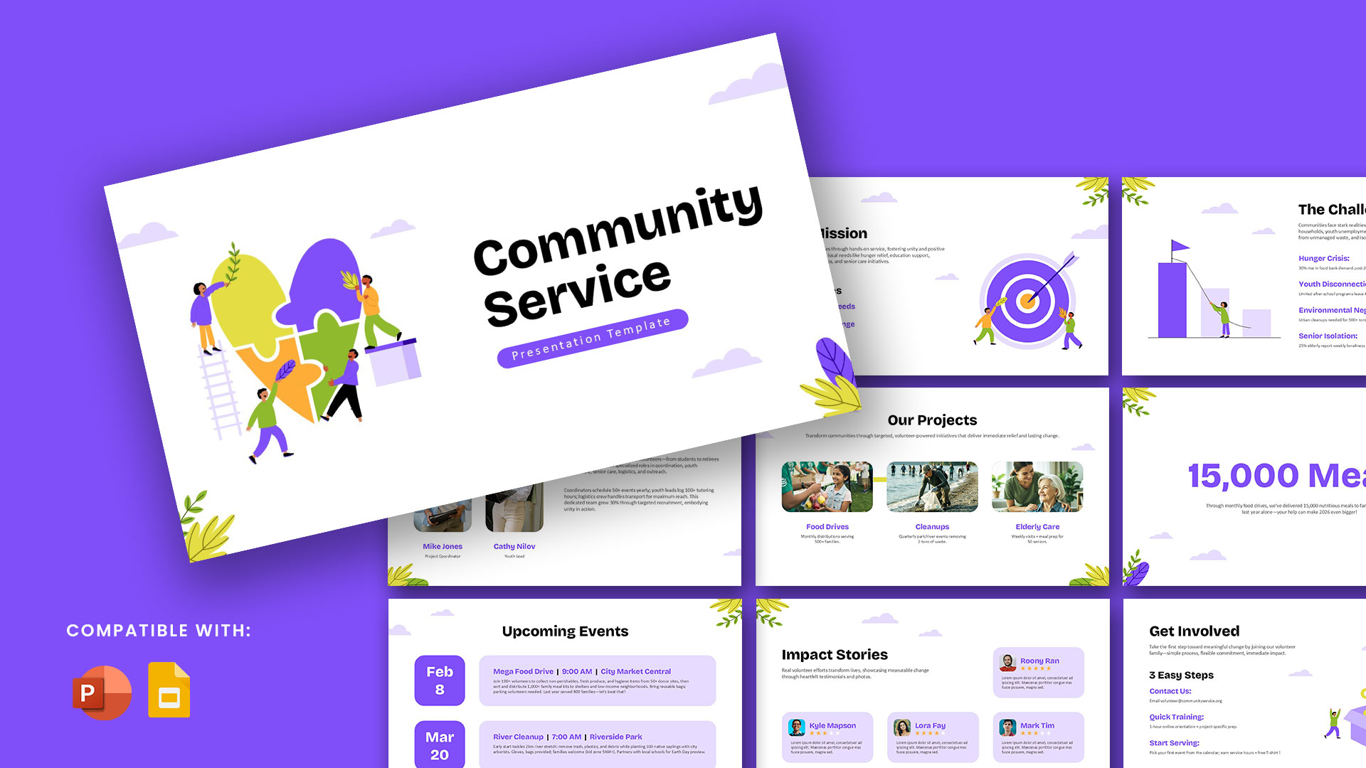 Community Service Presentation Template preview featuring a modern purple-themed slide deck for nonprofits and volunteer organizations. Includes slides for mission and vision, community challenges, project highlights, impact metrics, team members, upcoming events, success stories, and volunteer engagement. Compatible with PowerPoint and Google Slides.