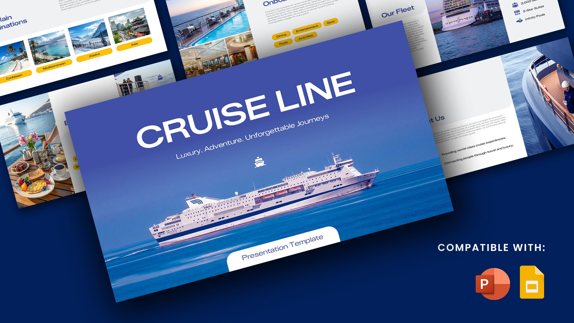 Cruise Line presentation template featuring a luxury cruise ship at sea with modern travel-themed slides showcasing destinations, onboard amenities, fleet information, and tourism content for PowerPoint and Google Slides.