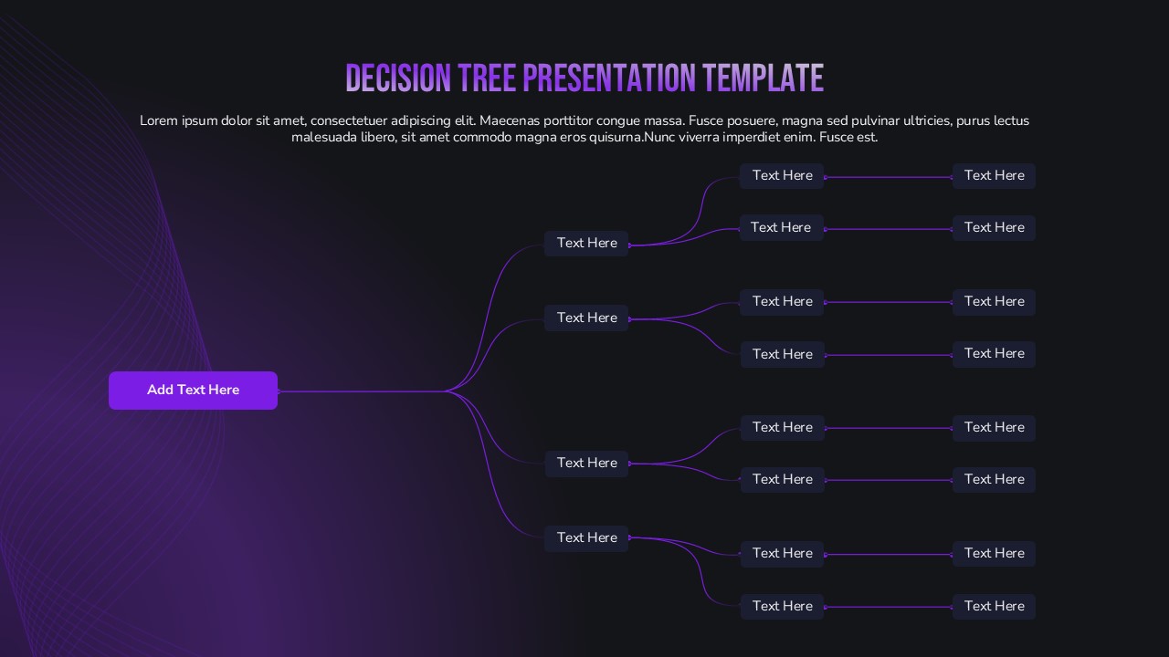 Decision Tree Presentation Template featuring a dark background with purple branching nodes to visualize decision-making processes, workflows, strategic planning, and outcome analysis.