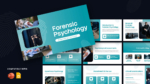 Forensic Psychology Presentation Template featuring modern teal and white slides on criminal profiling, psychological assessments, eyewitness psychology, mental health and law, ethical considerations, and forensic psychology education for PowerPoint and Google Slides.