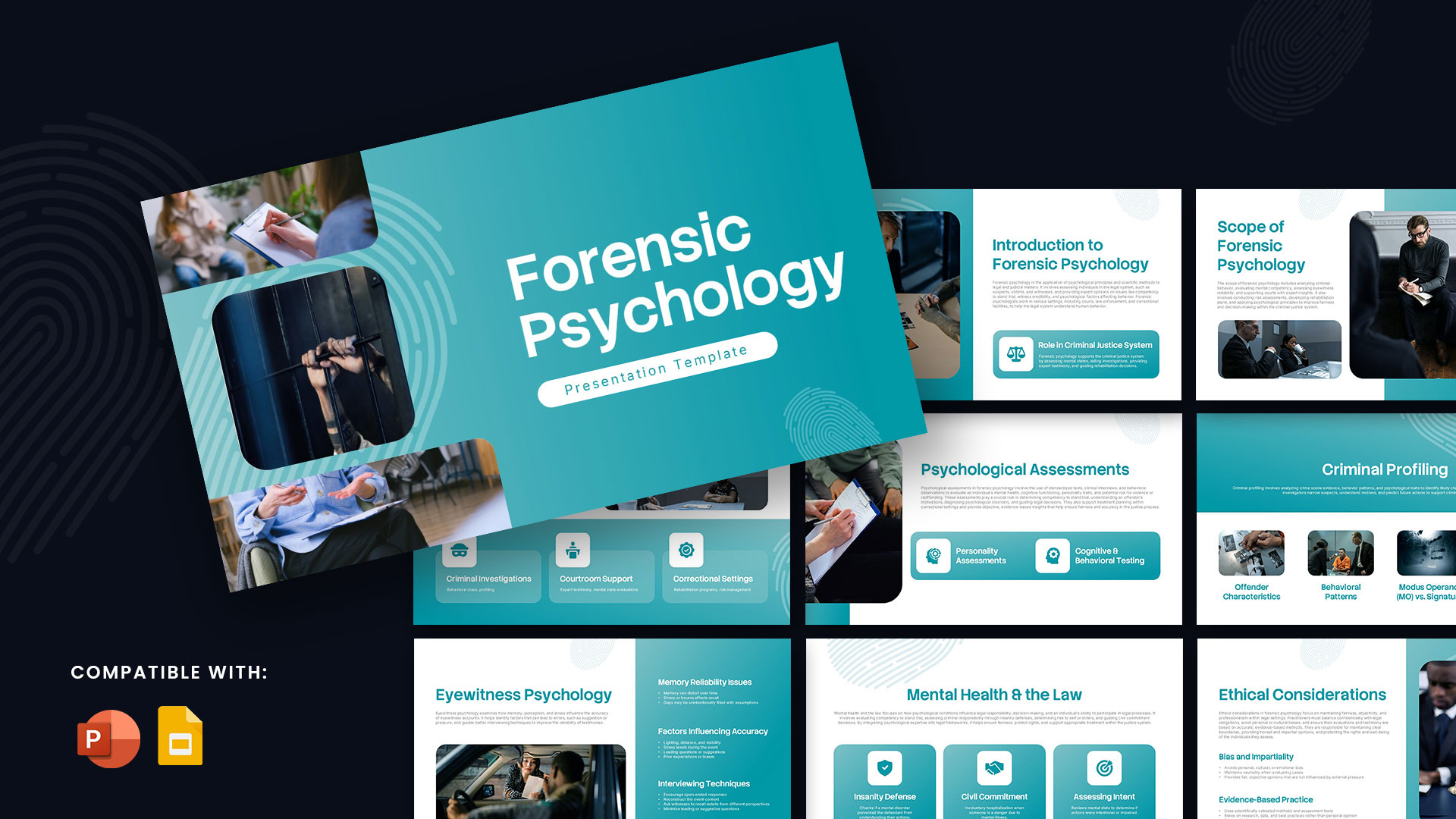 Forensic Psychology Presentation Template featuring modern teal and white slides on criminal profiling, psychological assessments, eyewitness psychology, mental health and law, ethical considerations, and forensic psychology education for PowerPoint and Google Slides.