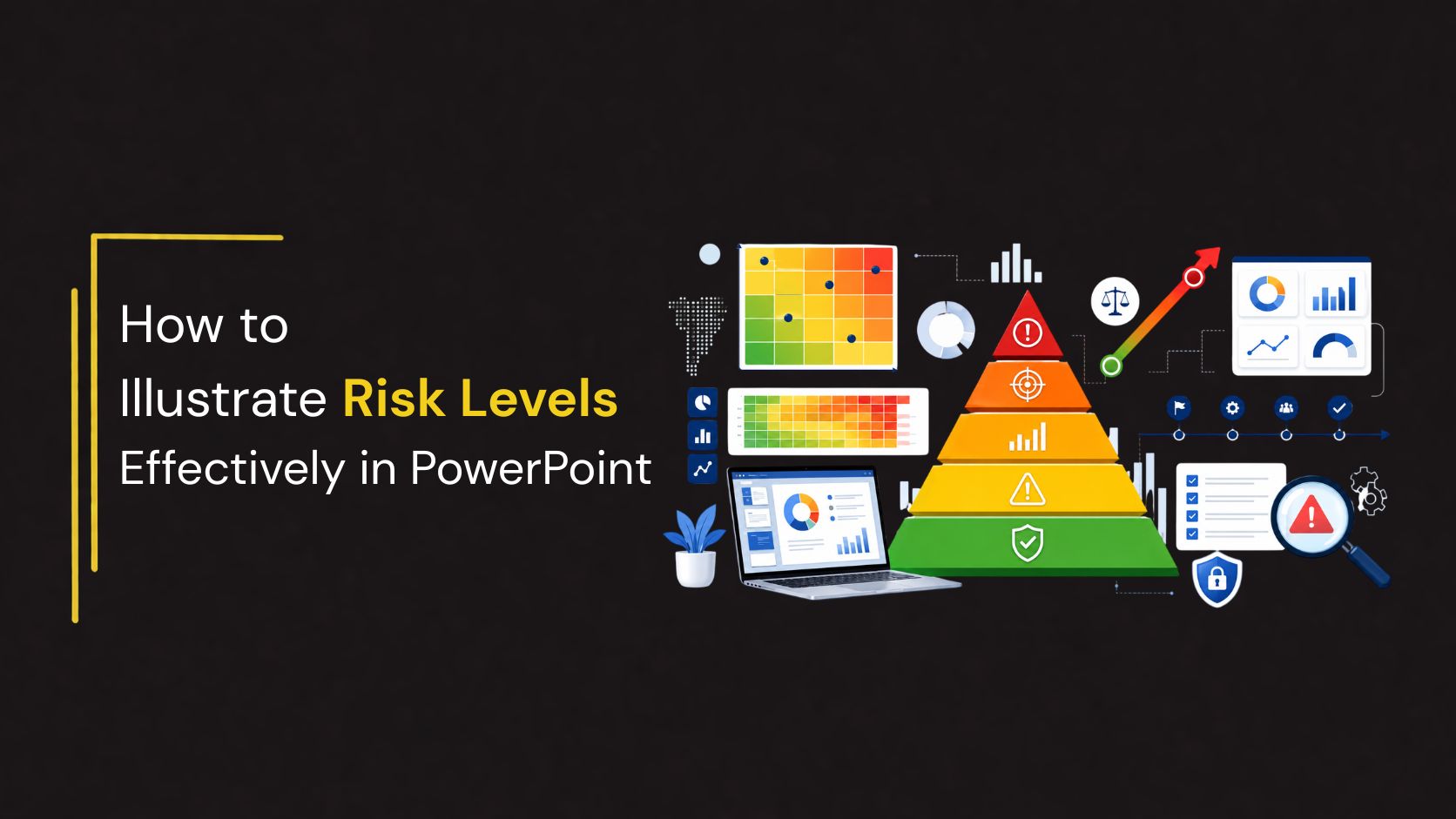 Modern blog featured image showing a colorful five-level risk pyramid surrounded by a risk assessment matrix, heat map dashboard, analytics charts, compliance checklist, project timeline, and presentation dashboard, illustrating how to communicate business risk levels effectively in PowerPoint.