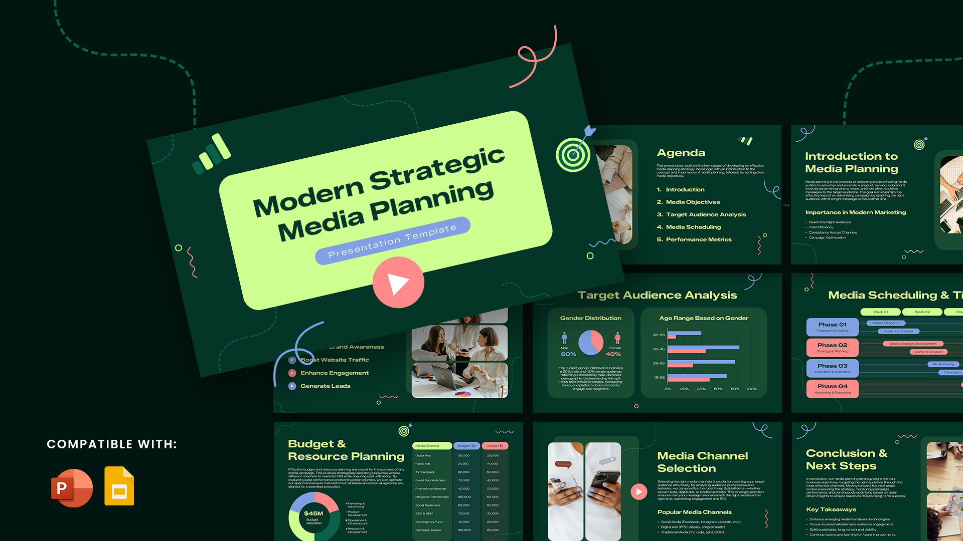 Modern Strategic Media Planning presentation template featuring agenda slides, target audience analysis, media scheduling timelines, budget planning, channel selection, and marketing strategy dashboards for PowerPoint and Google Slides.