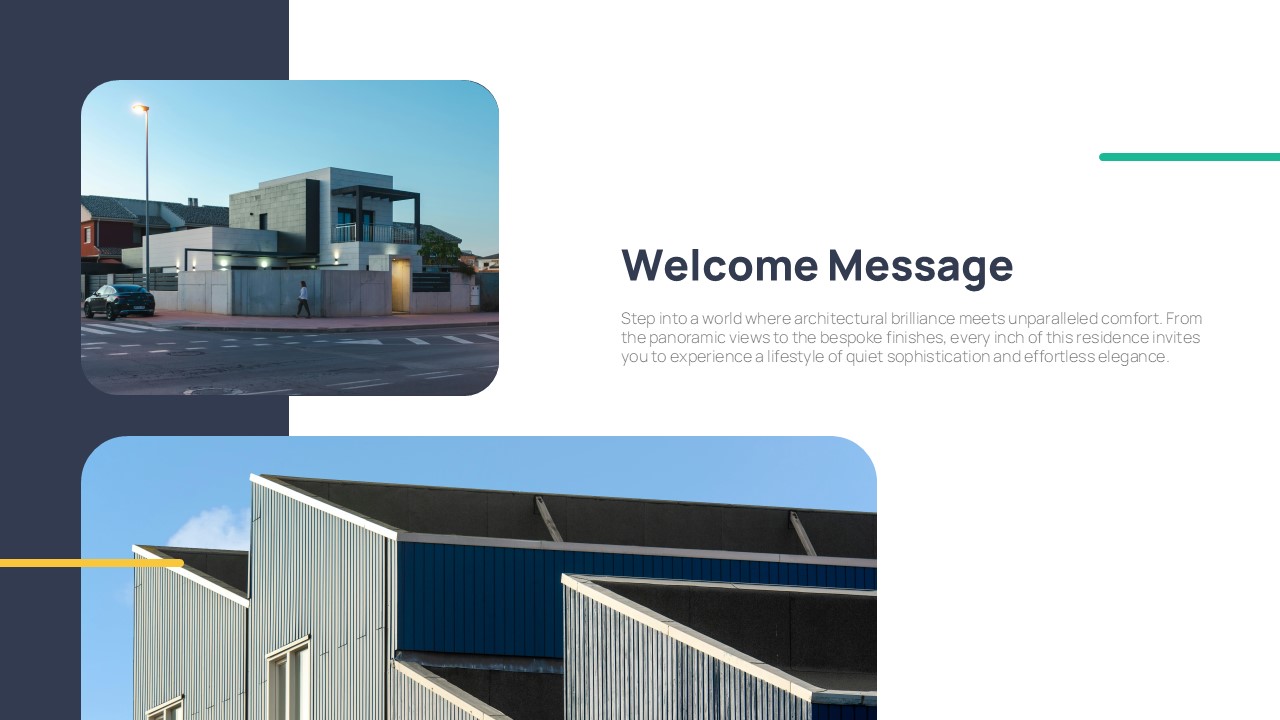 Modern real estate presentation slide featuring a welcome message with contemporary residential building photos in a clean, minimalist layout with rounded image frames and elegant typography.