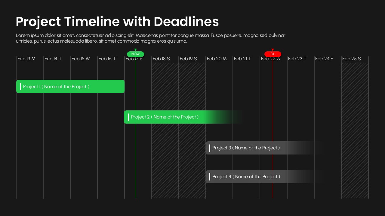 Project Timeline with Deadlines PowerPoint and Google Slides template featuring a Gantt-style project schedule with milestone markers, deadline indicators, and editable task timeline bars.