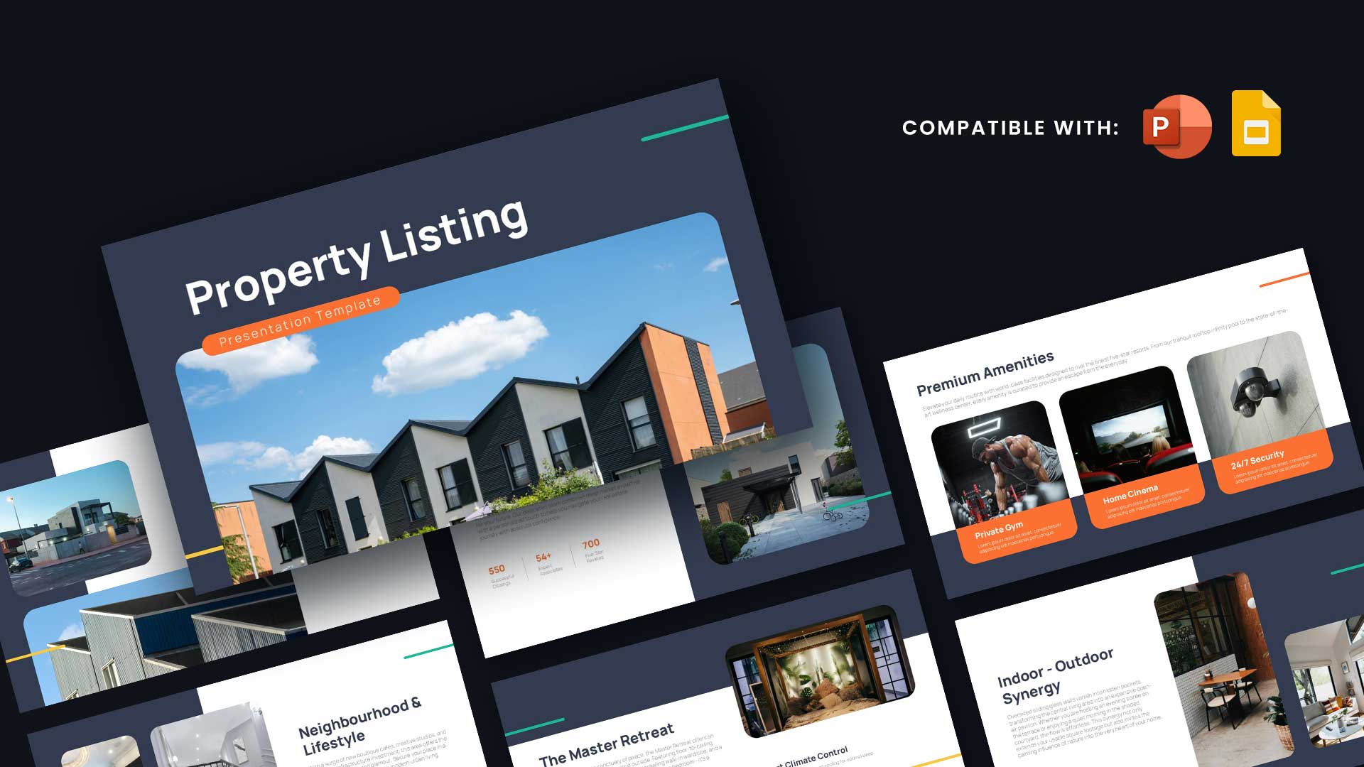 Property Listing Presentation Template for PowerPoint and Google Slides featuring modern real estate slides with property photos, premium amenities, neighborhood highlights, and editable layouts.