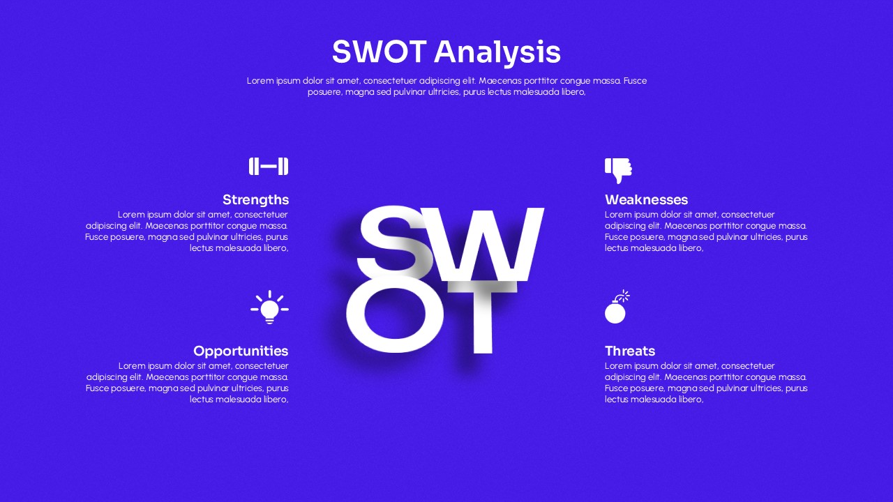 Modern SWOT Analysis presentation slide with a purple gradient background, featuring strengths, weaknesses, opportunities, and threats arranged around a central SWOT graphic for strategic planning.