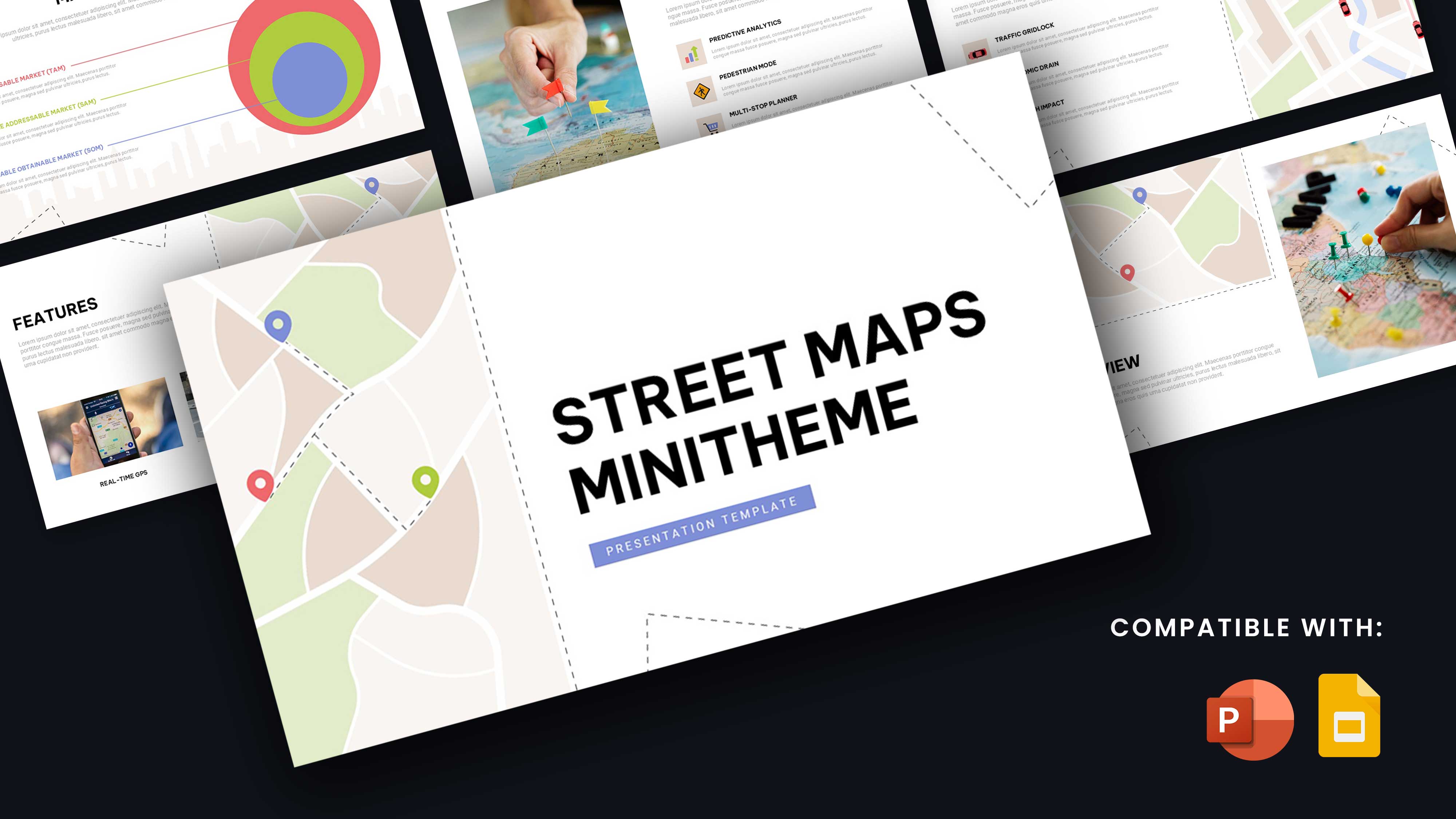 Street Maps Mini Theme presentation template featuring modern map layouts, location pins, navigation routes, and editable slides for logistics, travel, urban planning, and geographic data presentations in PowerPoint and Google Slides.