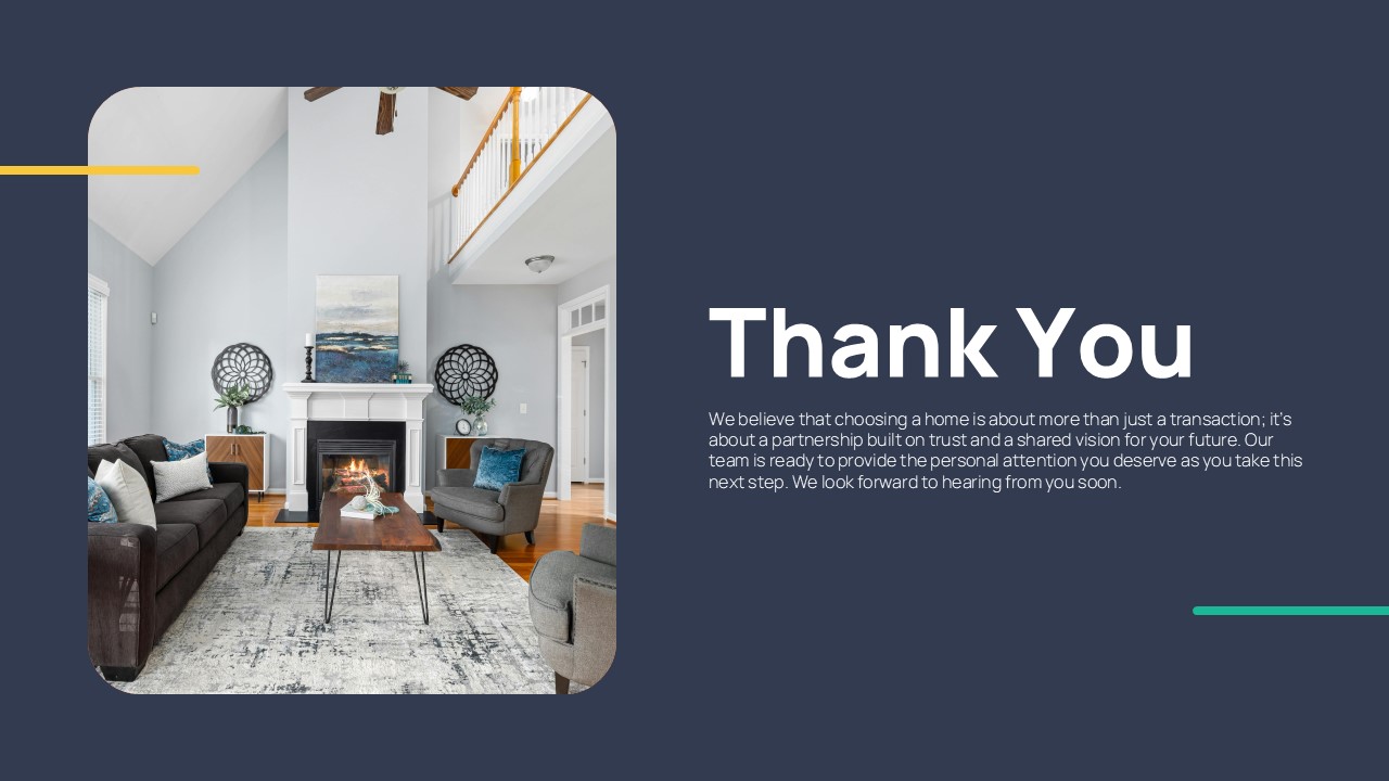 Thank You slide for a Property Listing Presentation Template featuring a modern living room interior and a professional closing message for real estate presentations.