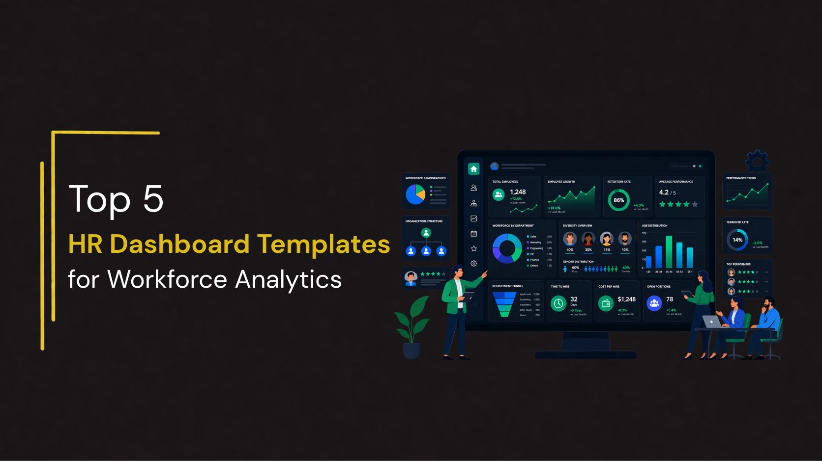 Top 5 HR Dashboard Templates for Workforce Analytics featuring a dark-themed HR analytics dashboard with workforce KPIs, employee demographics, recruitment funnel metrics, retention rates, performance tracking, and team collaboration visuals for business reporting and workforce management.