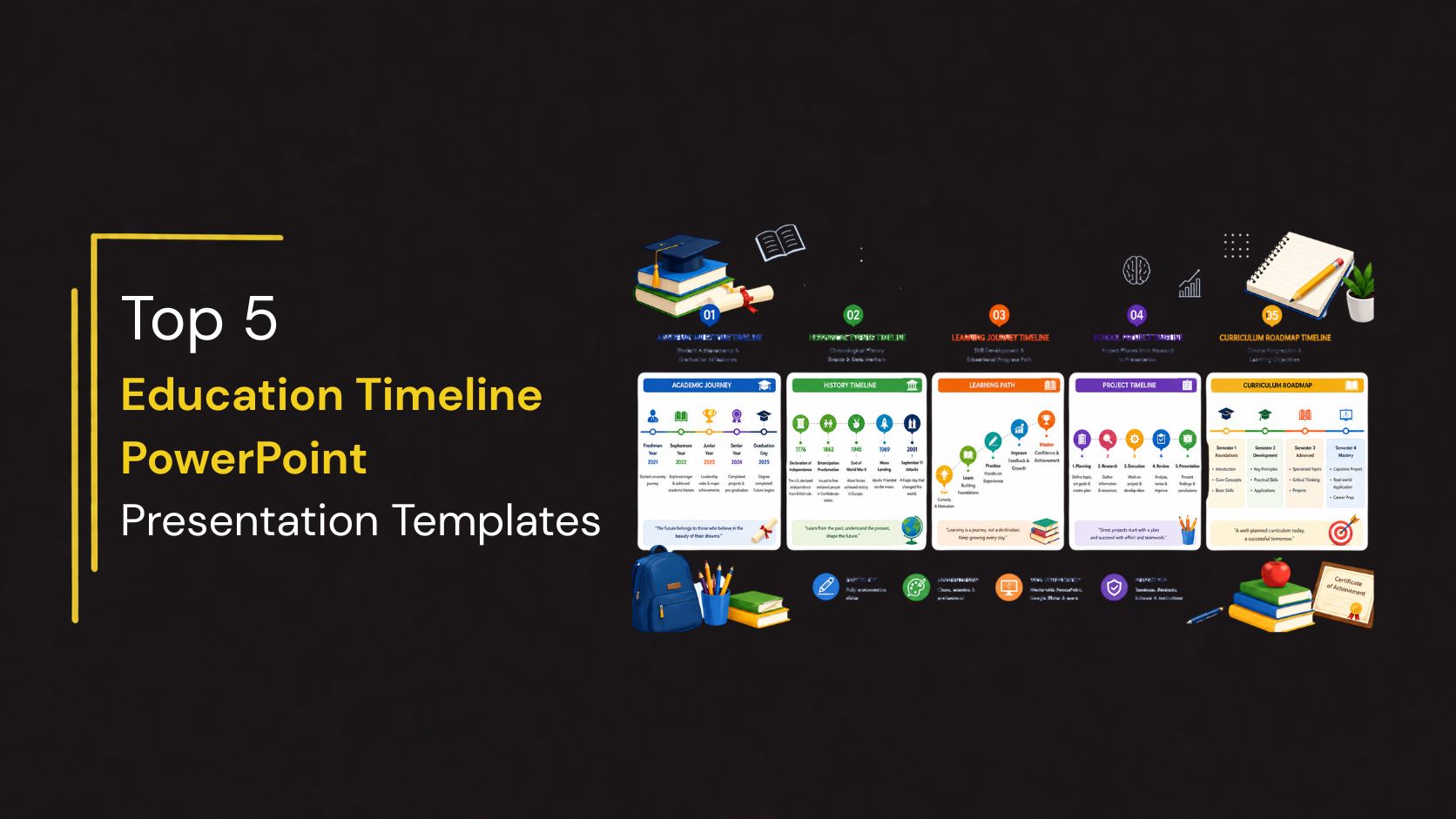 Top 5 Education Timeline PowerPoint Presentation Templates blog banner featuring a dark background with a bold yellow and white title on the left and five colorful education timeline slide previews on the right. The slide thumbnails showcase academic milestones, historical events, learning journey, school project, and curriculum roadmap timeline templates, surrounded by school-themed illustrations including books, a graduation cap, backpack, notebook, pencils, and a certificate.