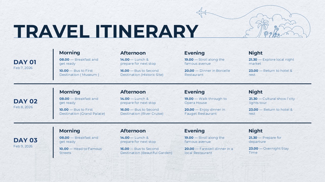 Travel itinerary schedule slide featuring a three-day trip plan with organized morning, afternoon, evening, and night activities, travel-themed illustrations, and a clean timeline layout for PowerPoint and Google Slides presentations.