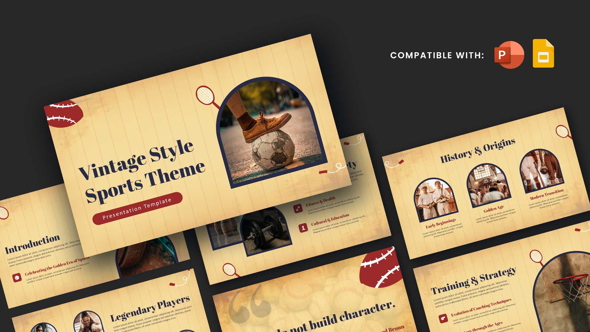 Vintage Style Sports Theme Presentation Template featuring retro-inspired slides with classic sports imagery, historical timelines, athlete profiles, training strategies, and vintage typography for PowerPoint and Google Slides.