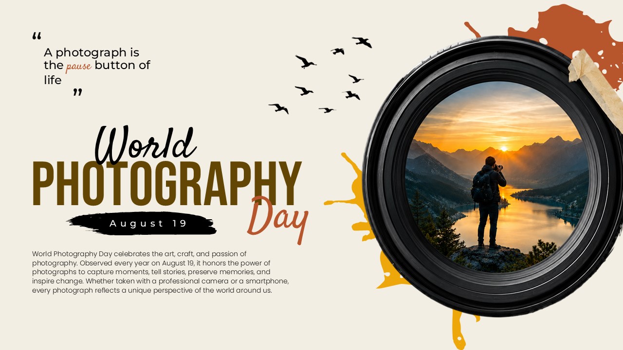 World Photography Day presentation template featuring a camera lens with a landscape photographer at sunrise, creative typography, and artistic design elements for photography-themed PowerPoint and Google Slides presentations.