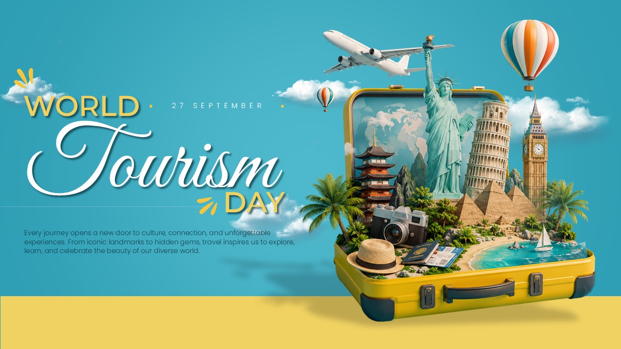 World Tourism Day presentation template featuring a travel-themed suitcase filled with famous global landmarks, including the Statue of Liberty, Leaning Tower of Pisa, Big Ben, pyramids, hot air balloons, and an airplane against a blue sky background. Ideal for tourism, travel, and destination marketing presentations.