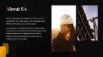 About Us slide from a Civil Construction Company Profile Presentation Template featuring company overview text, construction professional wearing a safety helmet, and infrastructure project imagery in a modern black and gold layout.