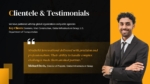 Clientele and Testimonials slide from a Civil Construction Company Profile Presentation Template featuring key client information, customer testimonial quote, and professional client portrait in a modern black and gold business presentation layout.