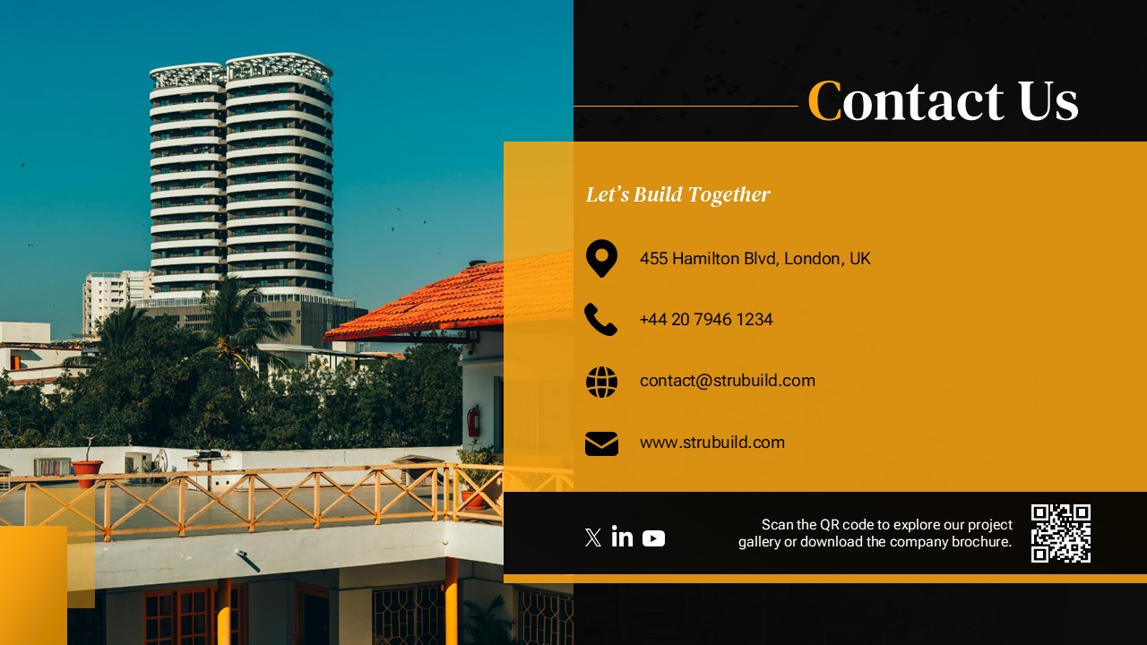 Contact Us slide from a Civil Construction Company Profile Presentation Template featuring company contact details, phone number, email, website, QR code, social media icons, and modern building imagery in a professional black and gold layout.