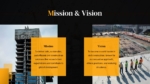 Mission and Vision slide from a Civil Construction Company Profile Presentation Template featuring construction site imagery, building development photos, and dedicated sections outlining organizational mission, vision, and strategic goals in a professional black and gold design.