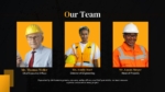 Our Team slide from a Civil Construction Company Profile Presentation Template featuring executive leadership, engineering, and project management team members with professional construction attire displayed in a modern black and gold presentation layout.