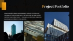 Project Portfolio slide from a Civil Construction Company Profile Presentation Template featuring completed infrastructure projects, commercial buildings, highway overpasses, and modern architectural developments showcased in a professional black and gold presentation design.