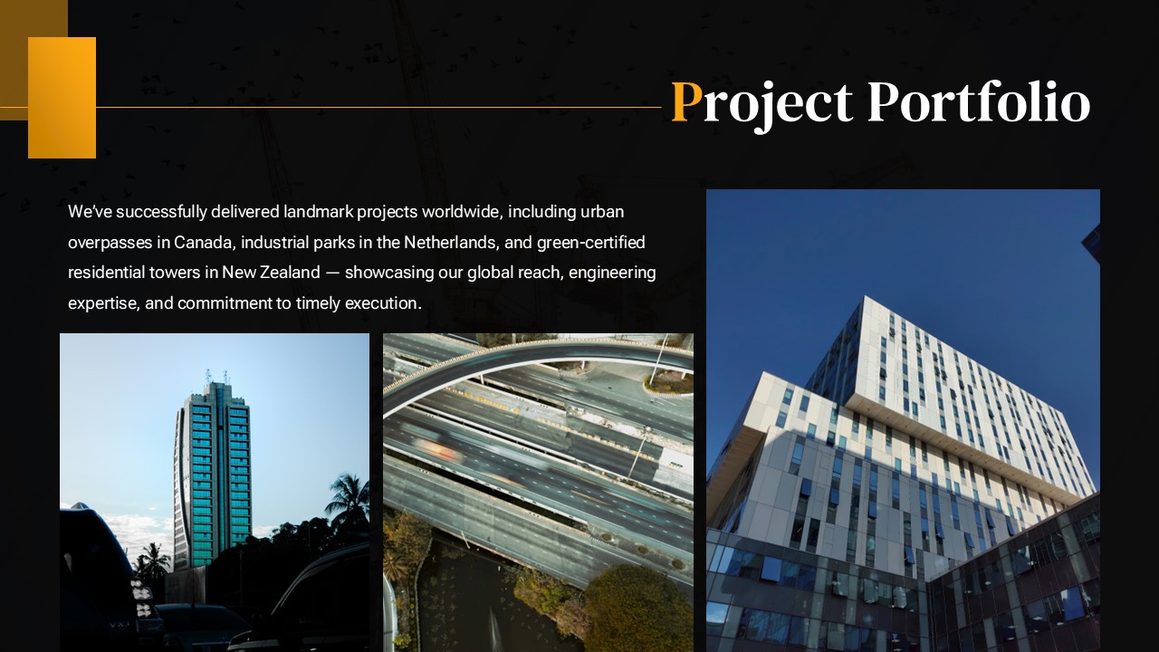 Project Portfolio slide from a Civil Construction Company Profile Presentation Template featuring completed infrastructure projects, commercial buildings, highway overpasses, and modern architectural developments showcased in a professional black and gold presentation design.