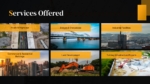 Services Offered slide from a Civil Construction Company Profile Presentation Template showcasing roads and highways, bridges and overpasses, industrial facilities, commercial and residential buildings, land development, and turnkey infrastructure projects in a professional black and gold layout.