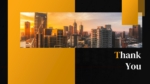 Thank You slide from a Civil Construction Company Profile Presentation Template featuring a modern city skyline image, elegant black and gold design elements, and a professional closing layout for construction and engineering business presentations.