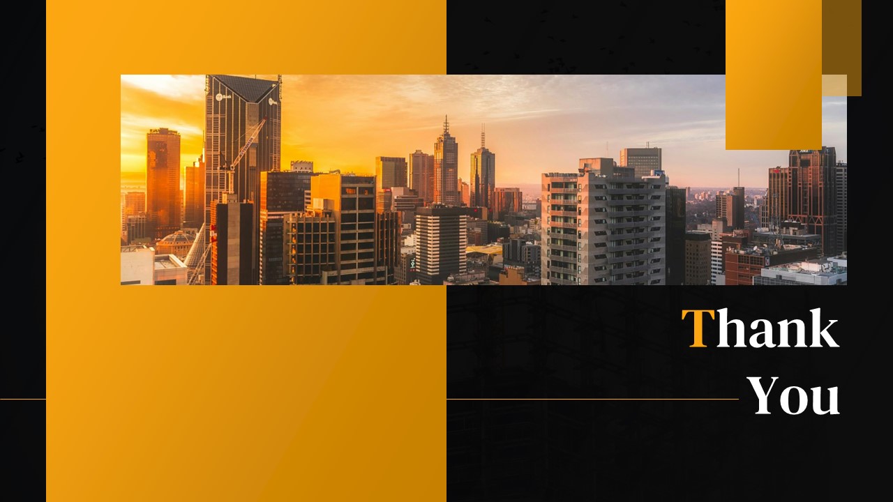 Thank You slide from a Civil Construction Company Profile Presentation Template featuring a modern city skyline image, elegant black and gold design elements, and a professional closing layout for construction and engineering business presentations.