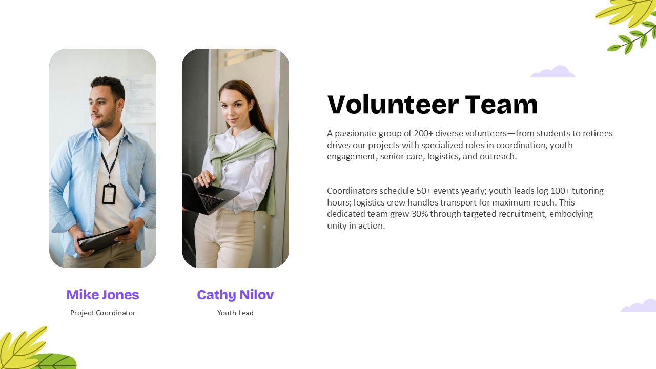 Community Service volunteer team slide featuring volunteer profiles, leadership roles, and team member introductions. Includes sections for project coordinators, youth leaders, volunteer experience, and organizational support teams. Ideal for nonprofit, charity, community outreach, volunteer recruitment, and social impact presentations.