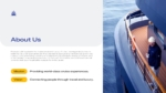 About Us slide for a Cruise Line presentation template featuring company mission and vision statements alongside a luxury cruise ship deck image overlooking the ocean, designed for PowerPoint and Google Slides.
