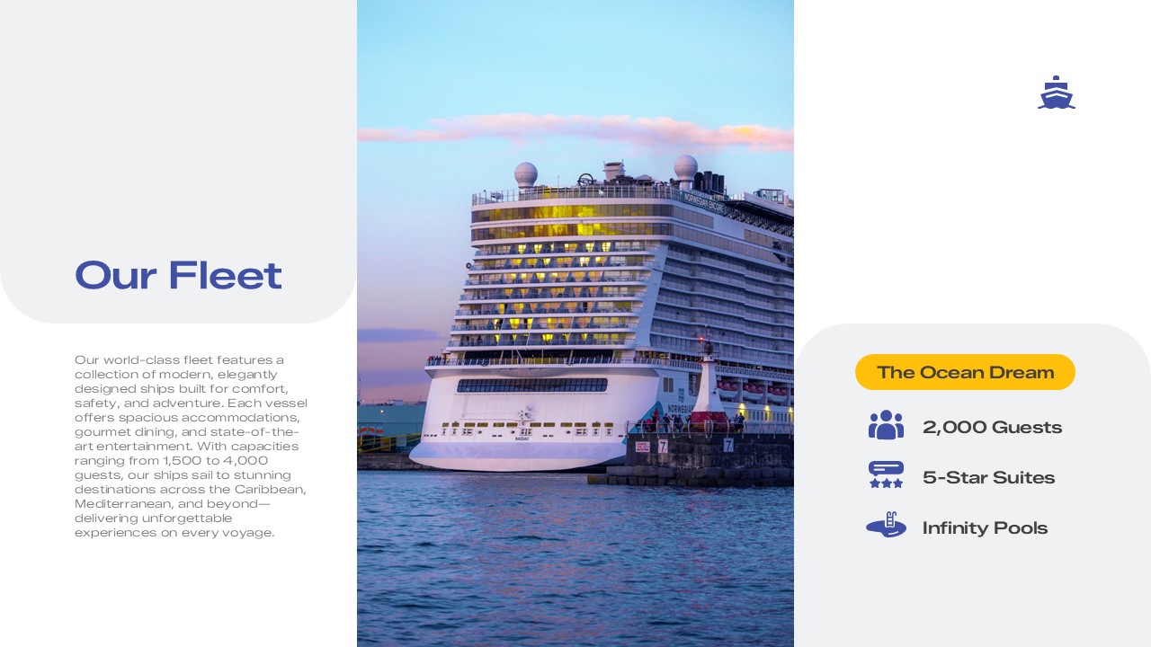 Our Fleet slide for a Cruise Line presentation template featuring a luxury cruise ship, fleet overview details, guest capacity, premium suite accommodations, and onboard amenities for PowerPoint and Google Slides.