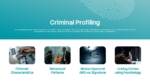 Criminal Profiling slide from a Forensic Psychology Presentation Template featuring offender characteristics, behavioral patterns, modus operandi analysis, crime linkage techniques, and investigative psychology concepts in a modern teal and white presentation design.