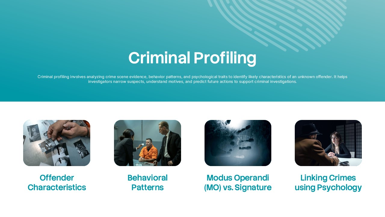 Criminal Profiling slide from a Forensic Psychology Presentation Template featuring offender characteristics, behavioral patterns, modus operandi analysis, crime linkage techniques, and investigative psychology concepts in a modern teal and white presentation design.