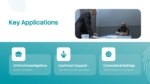 Key Applications of Forensic Psychology slide featuring criminal investigations, courtroom support, correctional settings, behavioral profiling, expert testimony, and rehabilitation programs in a modern teal and white forensic psychology presentation design.