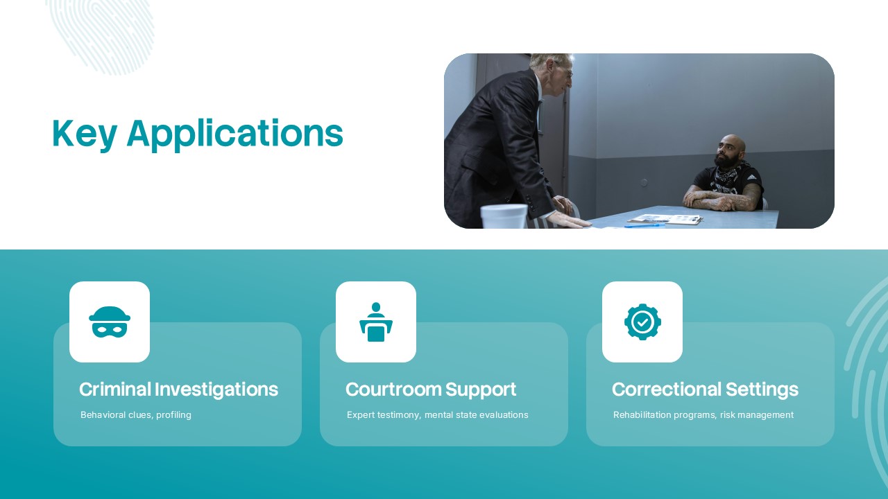 Key Applications of Forensic Psychology slide featuring criminal investigations, courtroom support, correctional settings, behavioral profiling, expert testimony, and rehabilitation programs in a modern teal and white forensic psychology presentation design.