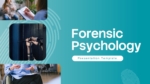 Cover slide of a Forensic Psychology Presentation Template featuring a modern teal gradient design, fingerprint graphics, psychology consultation imagery, prison bars, and professional layouts for forensic psychology, criminal justice, and legal education presentations.