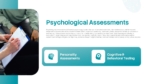 Psychological Assessments slide from a Forensic Psychology Presentation Template featuring personality assessments, cognitive and behavioral testing, clinical evaluation processes, and mental health analysis in a modern teal and white presentation design.
